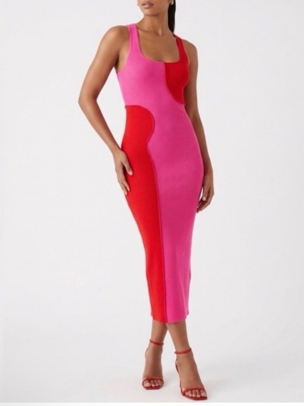 NWOT Naked Wardrobe Colorblock Pink/Red Bodycon Midi Dress | Size Large - Picture 3 of 8